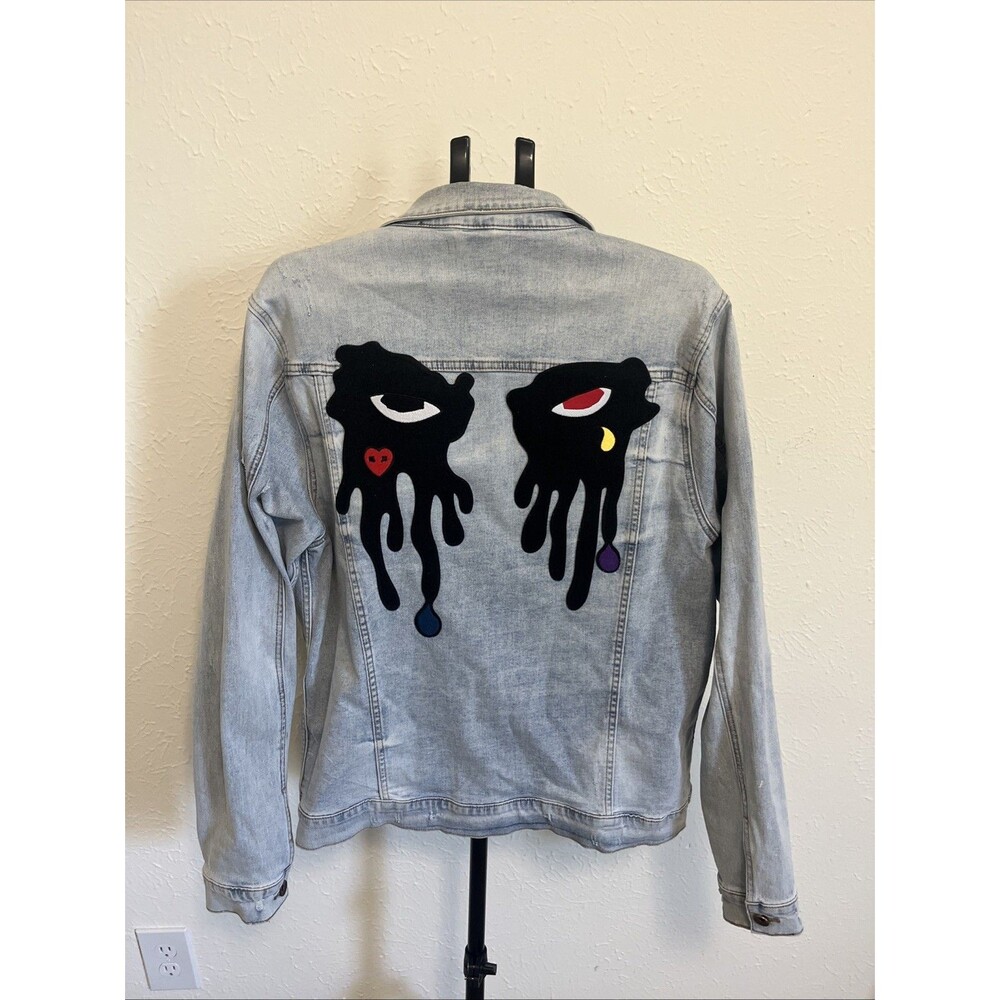 ROKU Studio Men's Denim Jacket Dripping Eyes Art Embroidered Back Graphic 2XL